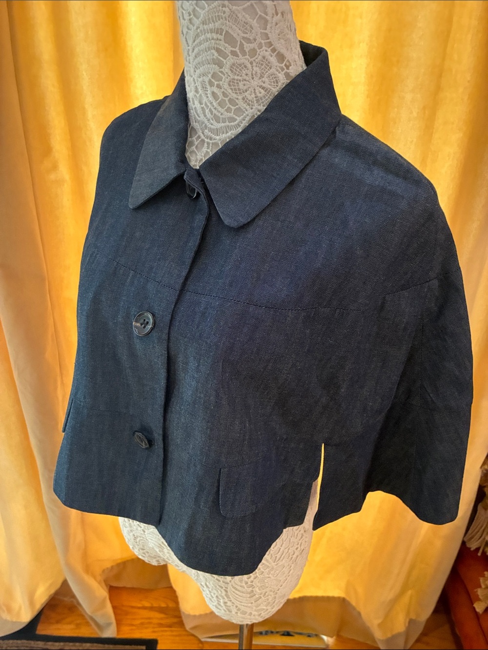 Designer Women's Navy Denim Cropped Cape Jacket Classic Capelet Couture
